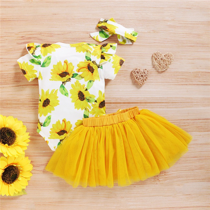 Newborn Baby Girls Summer Clothes Set Floral Romper, Skirt, and Headband