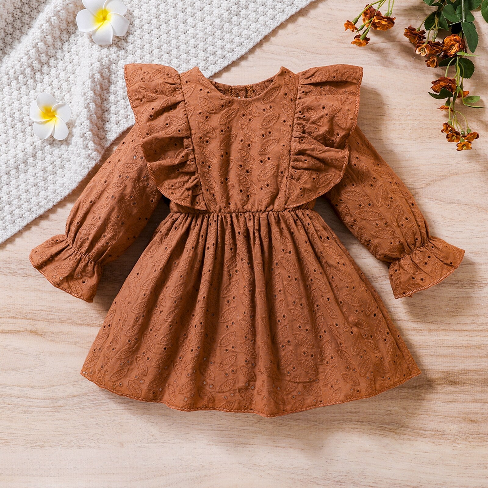 Adorable Baby Girls' A-Line Dress with Ruffles, Flowers, and Lace Cutouts