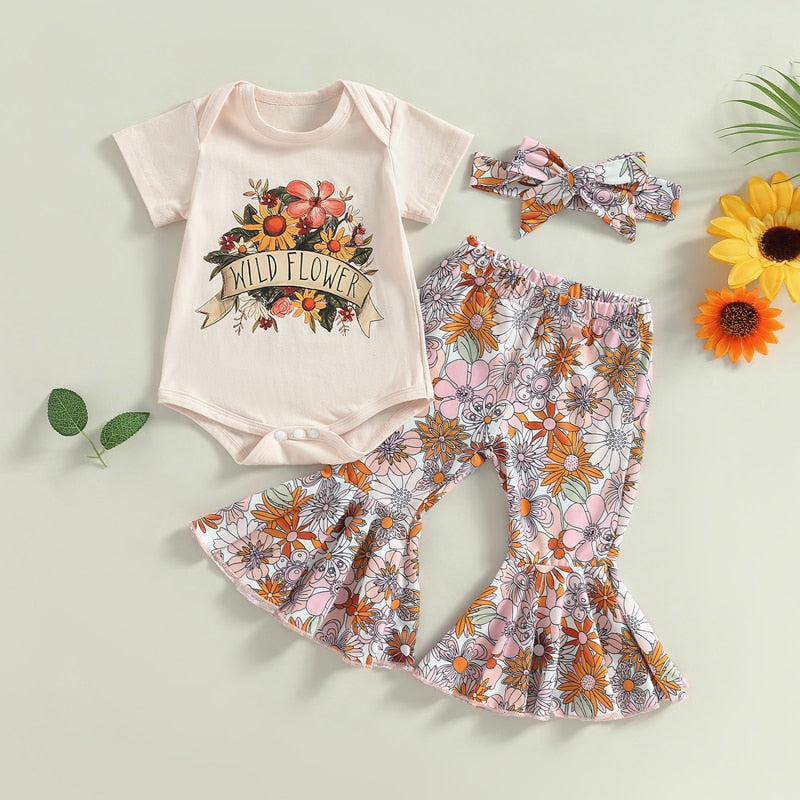 Infant Baby Girls Summer Clothes Set with Letter Floral Print and Bow Headband