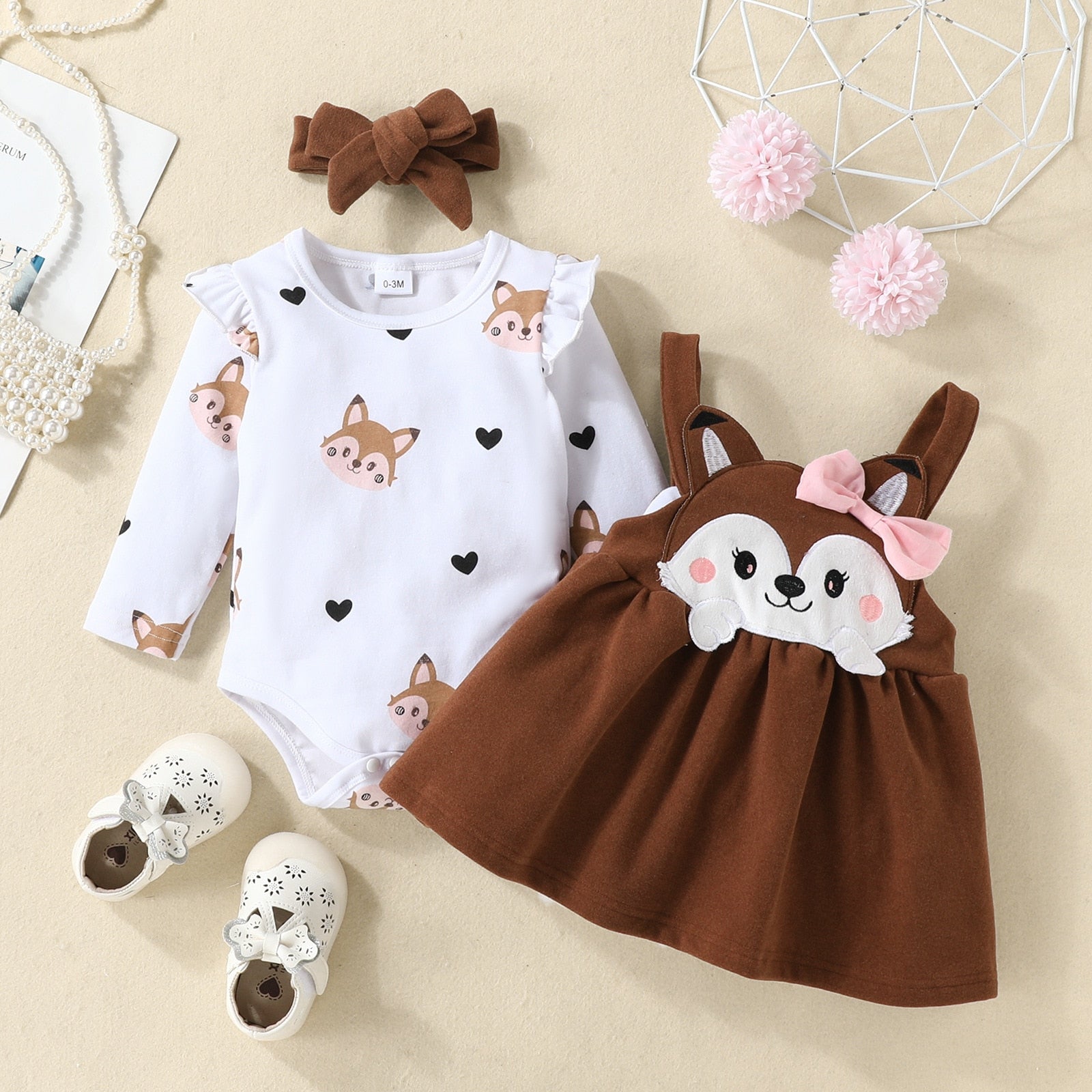 Adorable Baby Girl Party Outfit Set with Fox Dress and Bowknot Romper