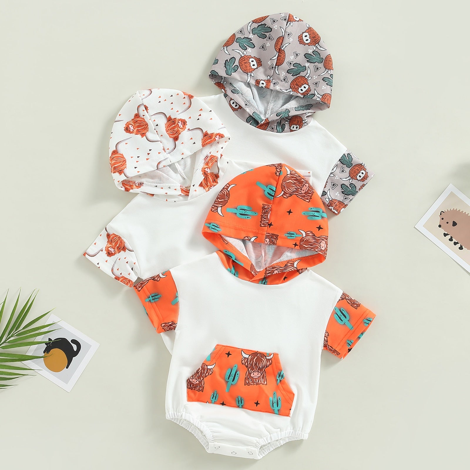 Fashionable Cattle and Cactus Print Newborn Baby Rompers for Boys and Girls