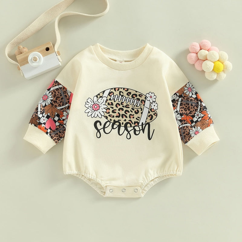 Rugby Flower Letter Print Patchwork Rompers for Baby Girls