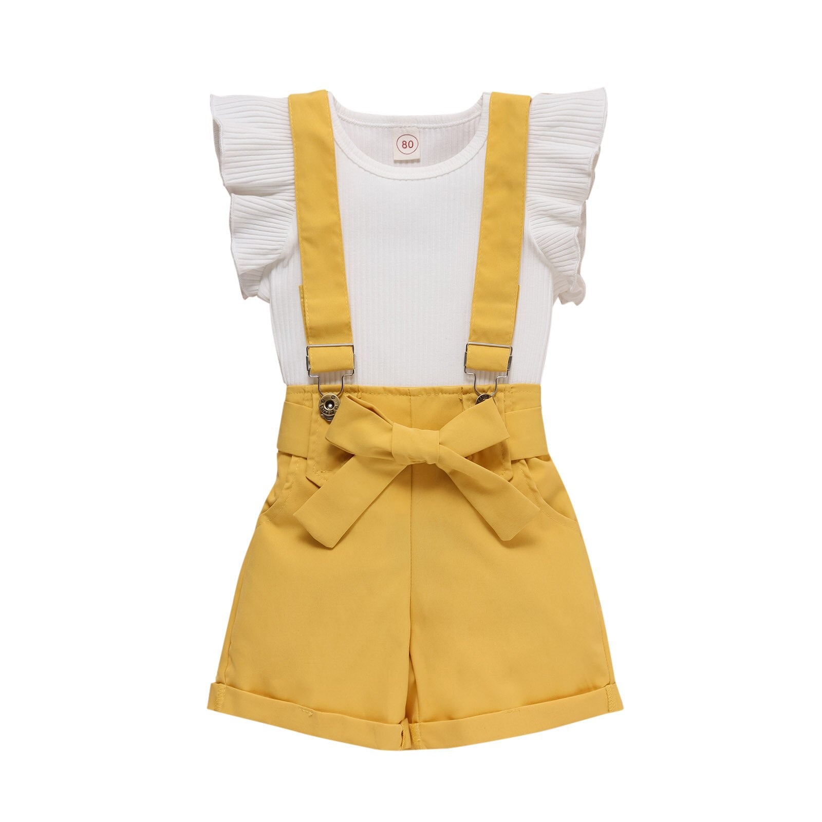 Little Girls Clothes Sets - Ruffle Sleeve T-Shirt and Suspender Shorts