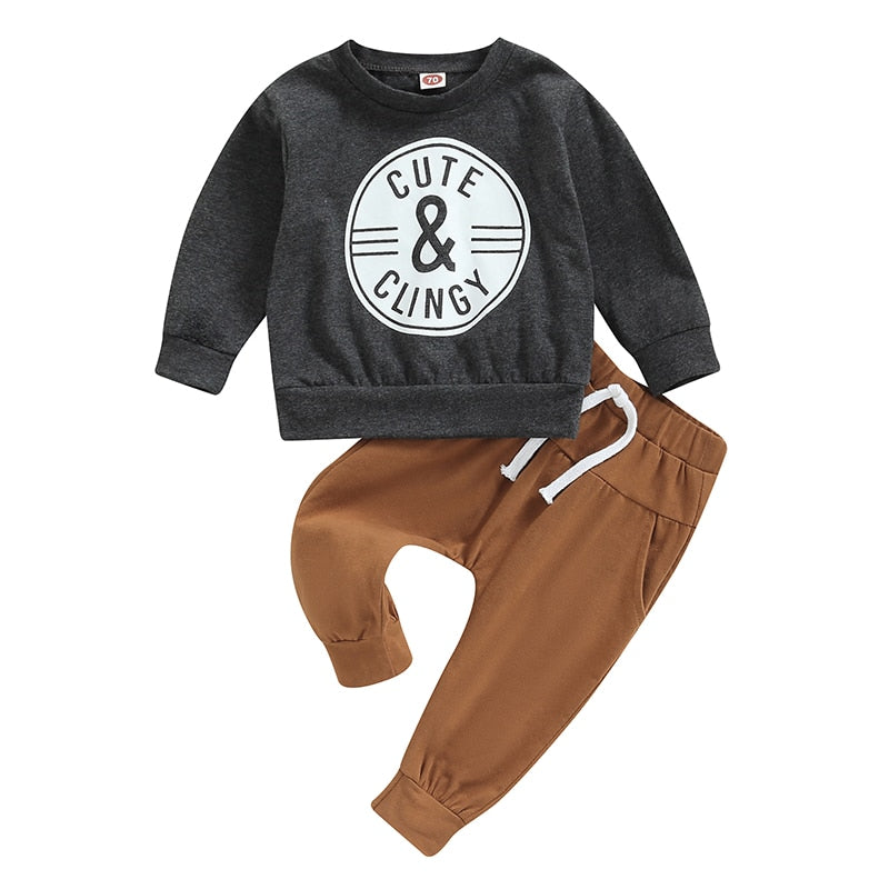 Toddler Boy Clothes Sets Spring Outfit Letter Symbol Print Long Sleeve Crew Neck Sweatshirt + Elastic Waist Solid Color Trousers - Babbez