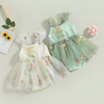 Baby Girl Princess Romper Dress with Floral Embroidery and Lace Mesh - Babbez