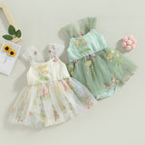 Baby Girl Princess Romper Dress with Floral Embroidery and Lace Mesh - Babbez