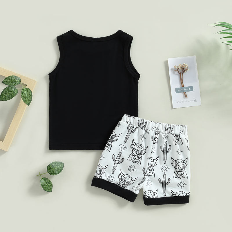 Summer 2pcs Clothing Sets for Baby Boys - Sleeveless Tanks Tops + Elastic Waist Shorts with Cattle Cactus Print