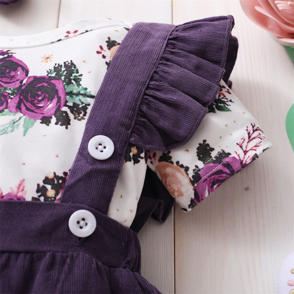 Adorable 3PCS Newborn Baby Girl Clothes Suit with Short Sleeves Flower Bodysuit, Strap Skirt, and Headband