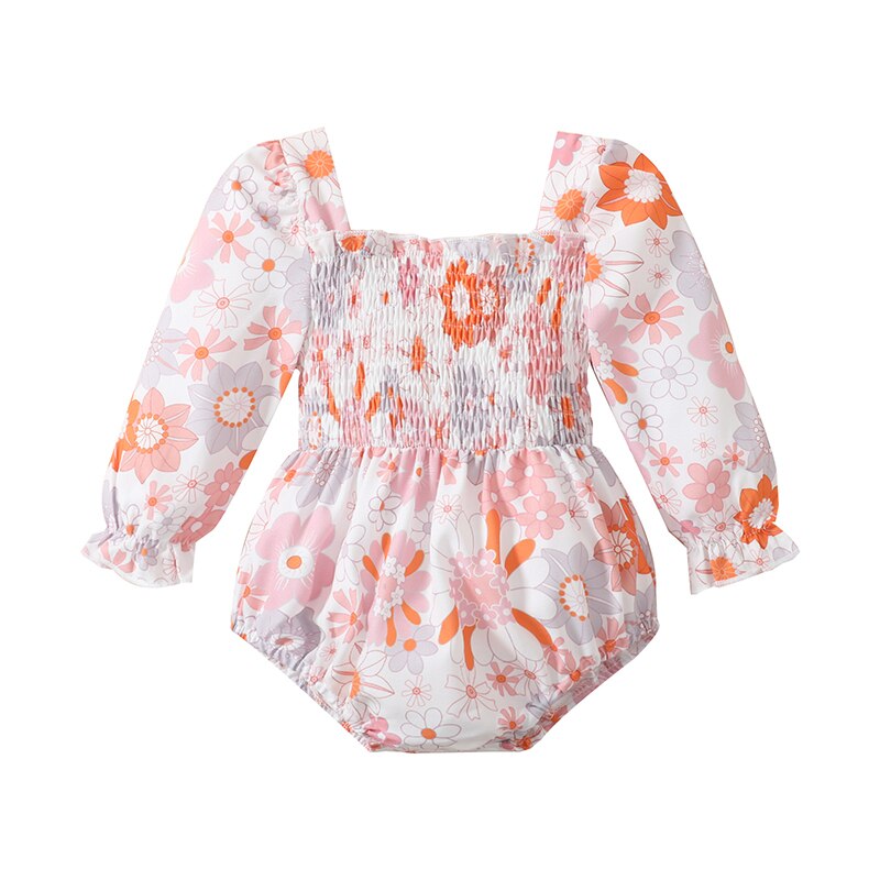 Lovely Autumn Newborn Baby Girls Rompers with Floral Print and Square Collar