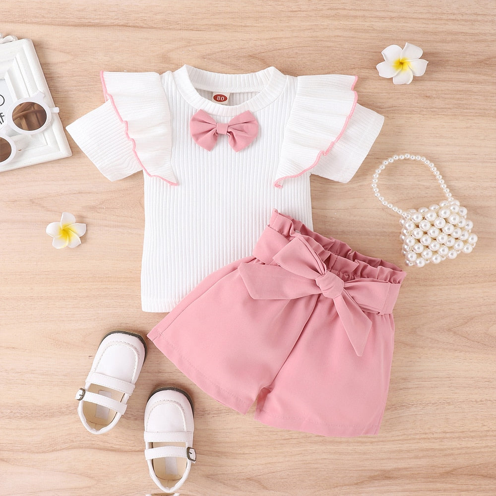 Adorable 2-Piece Summer Outfit for Baby Girls | Ruffled Pullover Top and Bow Shorts