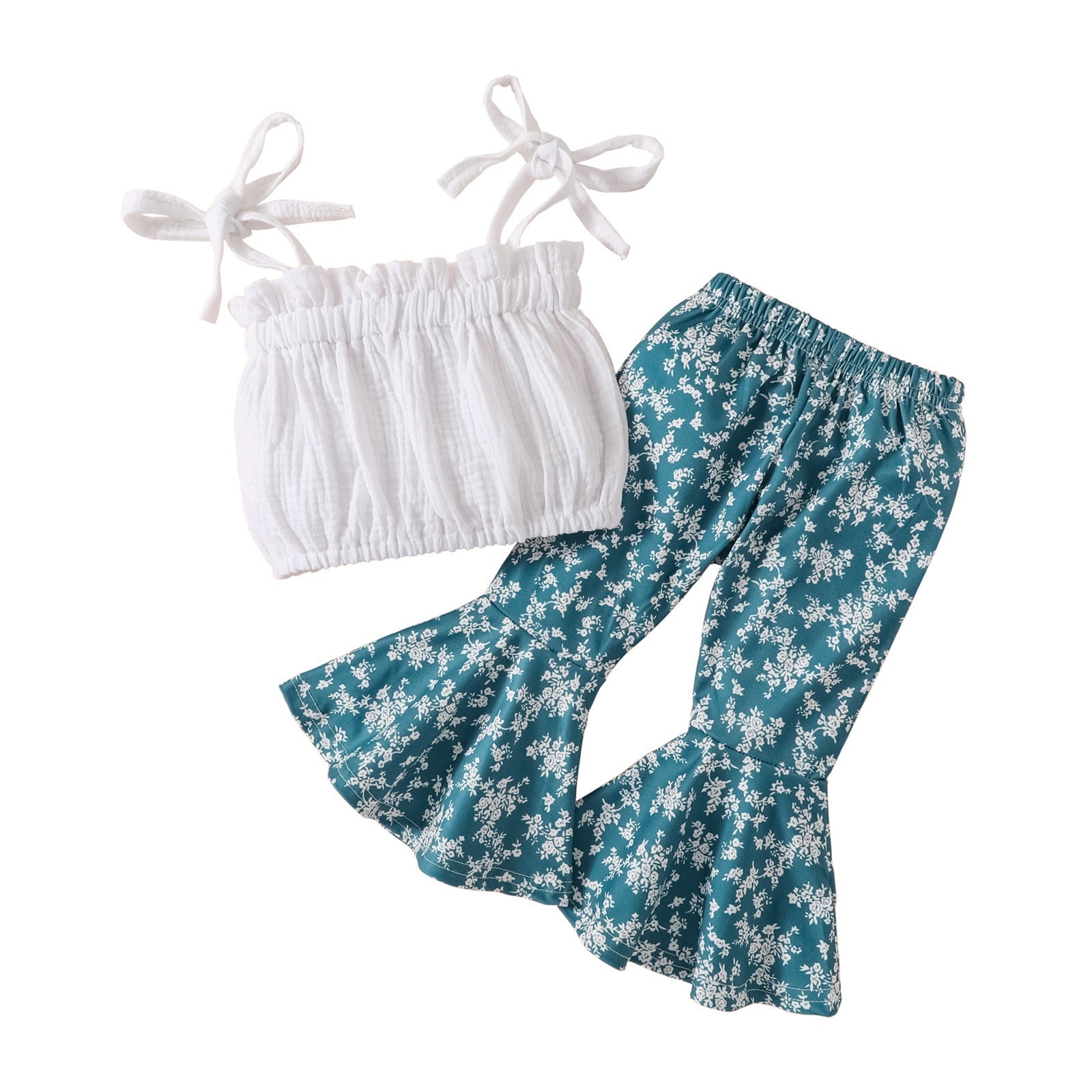 Toddler Girls Summer Clothes Set: Strap Top and Floral Flared Pants