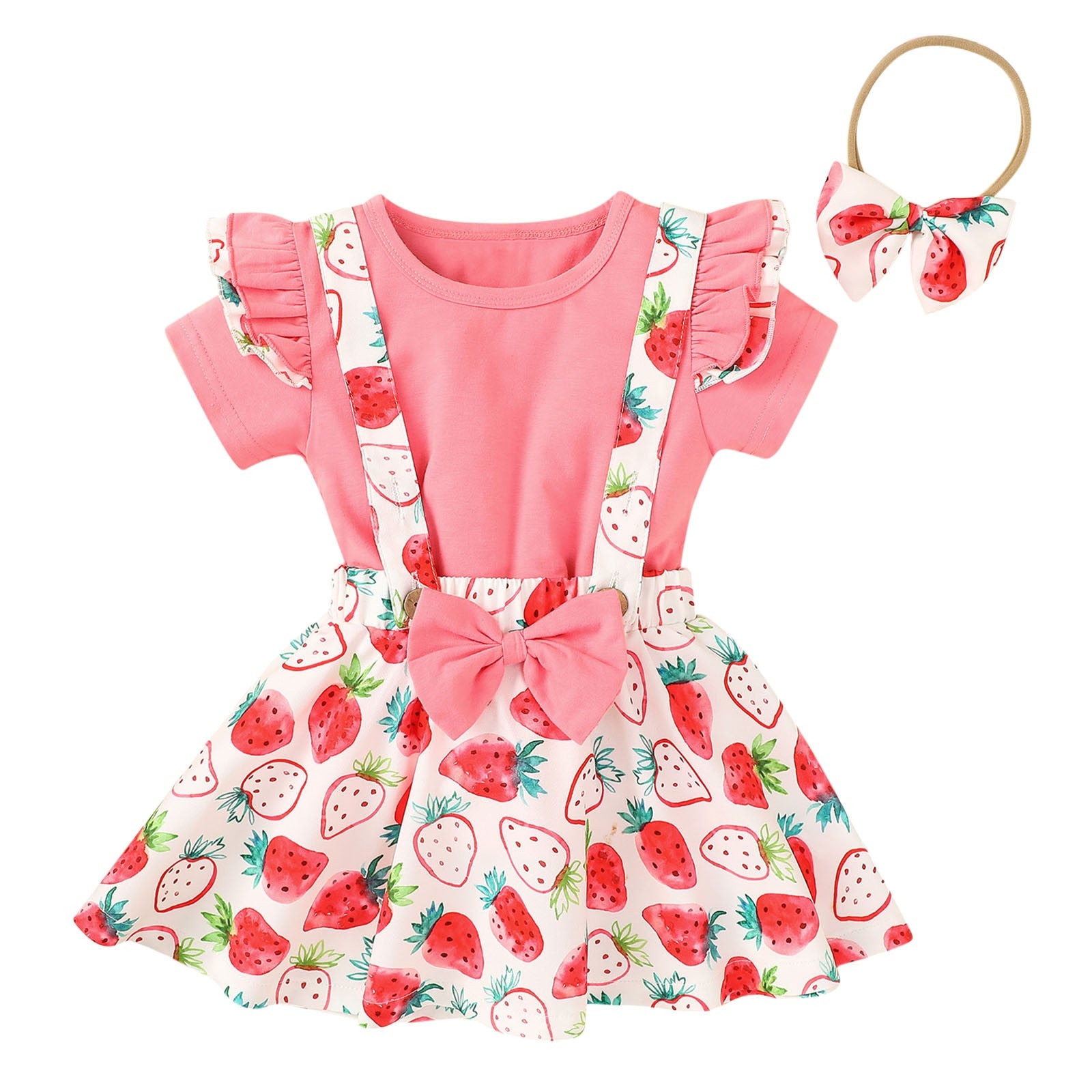 Adorable Summer Outfit for Toddler Baby Girls - Ruffle Sleeve Tops, Suspender Skirts, and Headband Sets