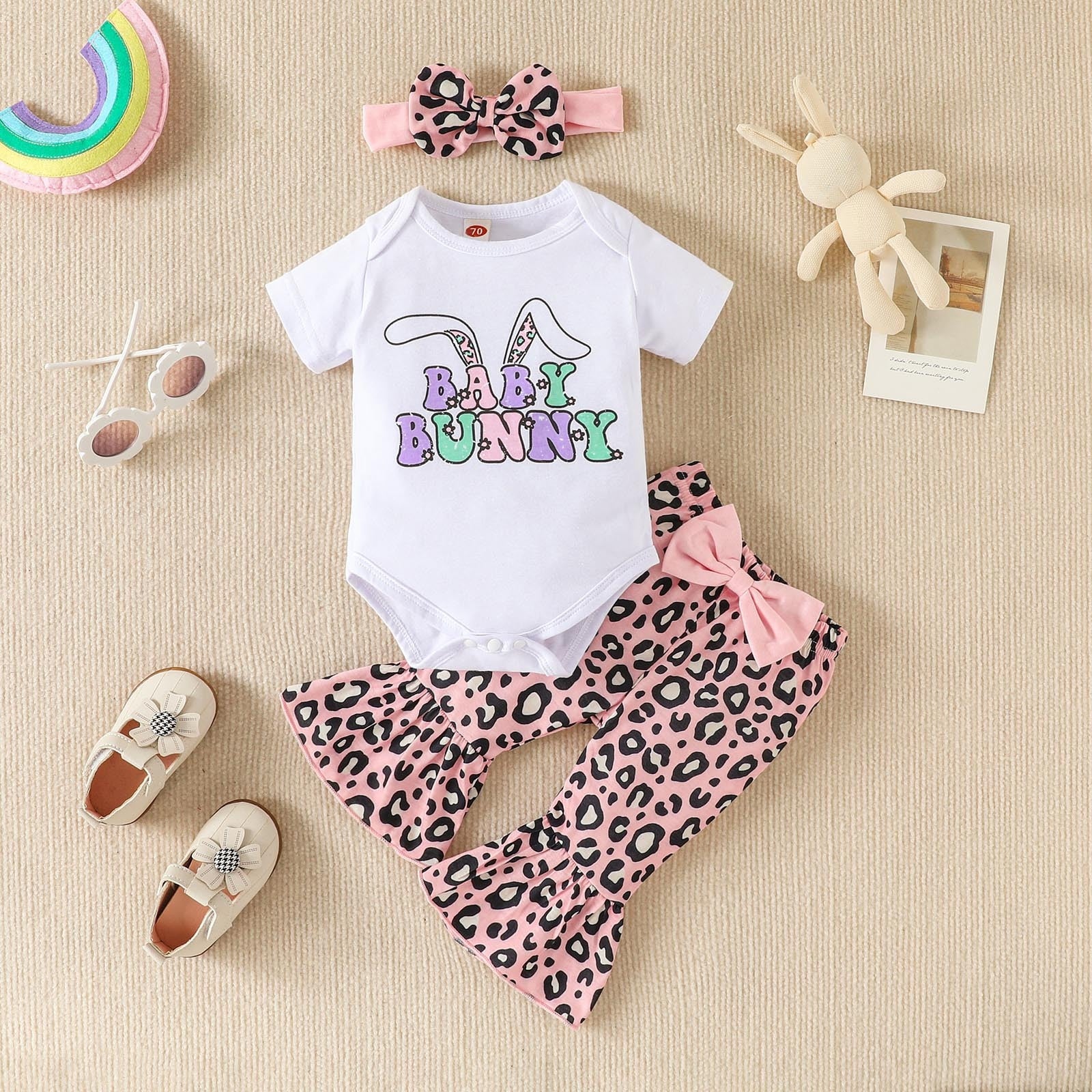 Adorable My First Easter Outfit Set for Girls - Rabbit Shape Letter Romper and Bunny Print Flared Pants