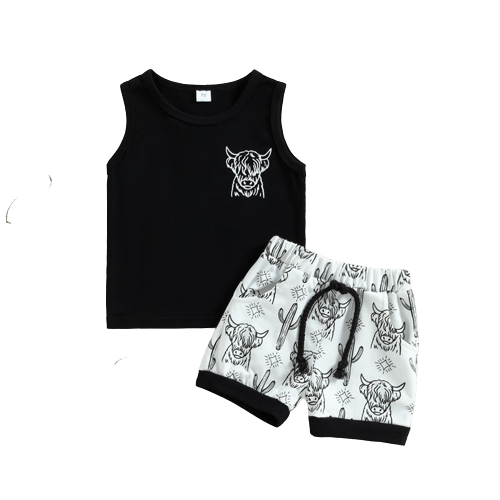 Summer 2pcs Clothing Sets for Baby Boys - Sleeveless Tanks Tops + Elastic Waist Shorts with Cattle Cactus Print