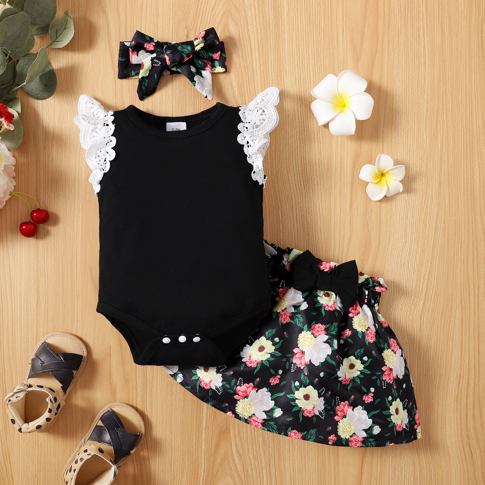 Newborn Baby Clothes Summer Sets For Girls Lace Sleeve Romper+Bow Skirts 3pcs Toddler Girls Outfits Suit