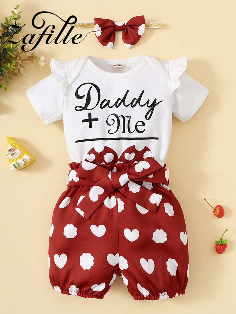 Sweet Baby Clothes Set for Summer : Letter Printed Bodysuit + Heart Printed Shorts