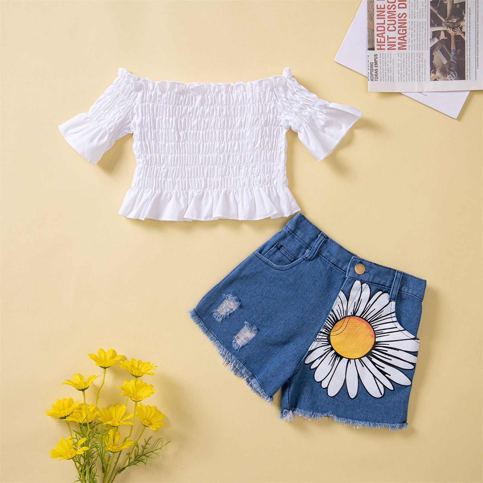 Adorable Toddler Girls Summer Clothes Sets - Off Shoulder T-Shirt and Denim Shorts