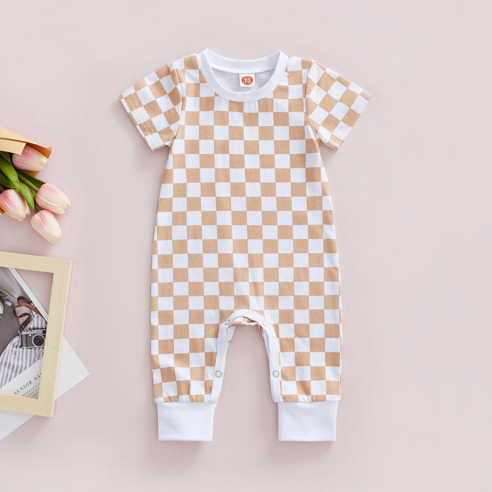 Infant Baby Checkerboard Plaid Printed Romper Jumpsuits - Babbez