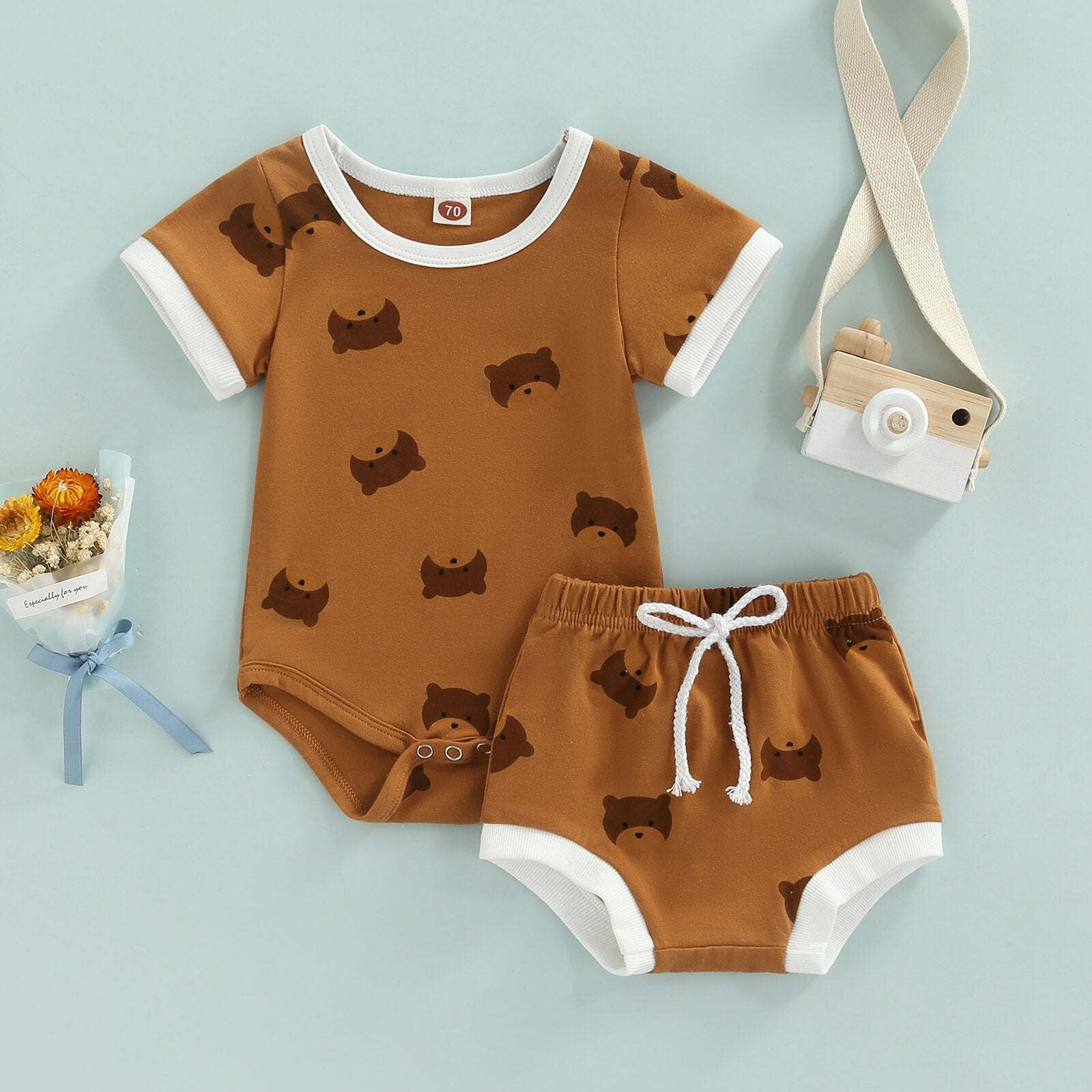 Adorable Baby Girl Boy Jumpsuit Set with Cute Cartoon Bear Print for Summer