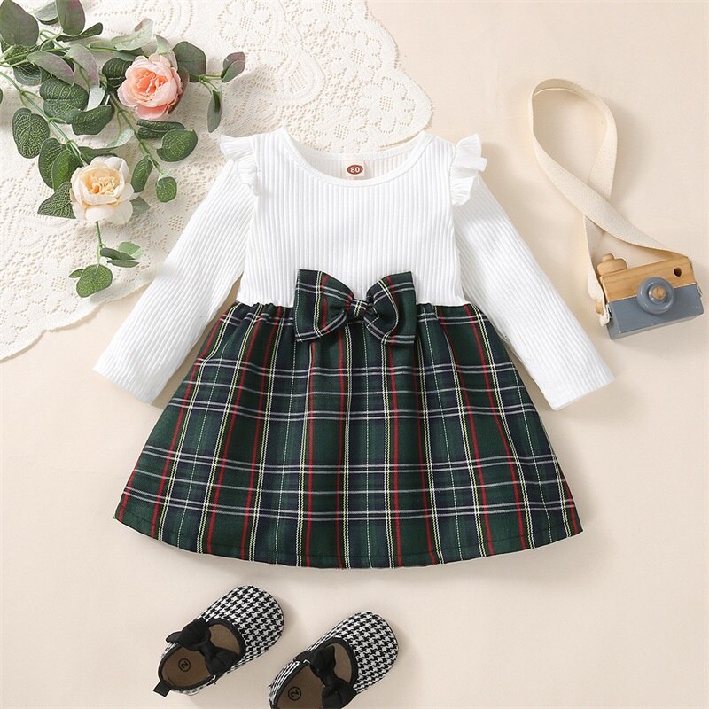 Baby Girl Plaid Dress with Ruffles and Long Sleeves - Babbez
