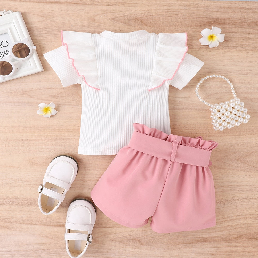 2-piece Summer Outfit for Baby Girls Ruffled Pullover and Bow Shorts - Babbez