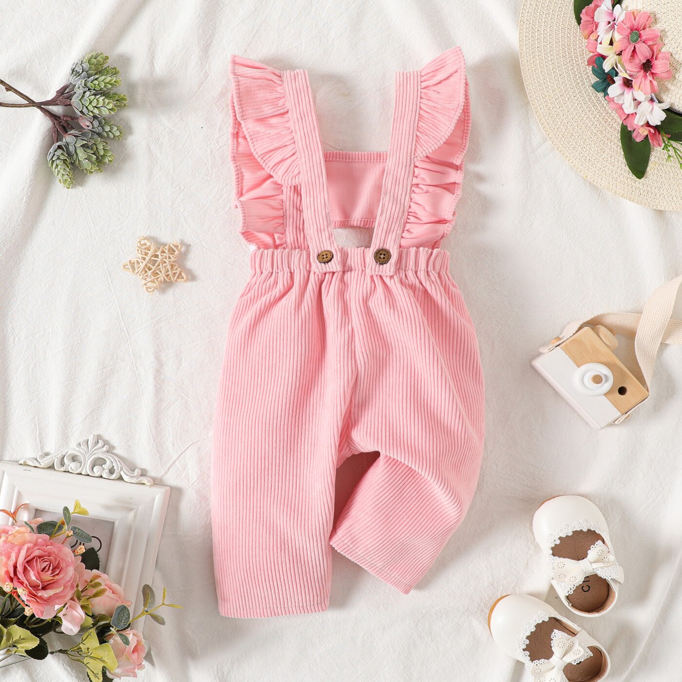 Charming Corduroy Overalls for Newborn Baby Girls with Bow Front and Ruffle Trim