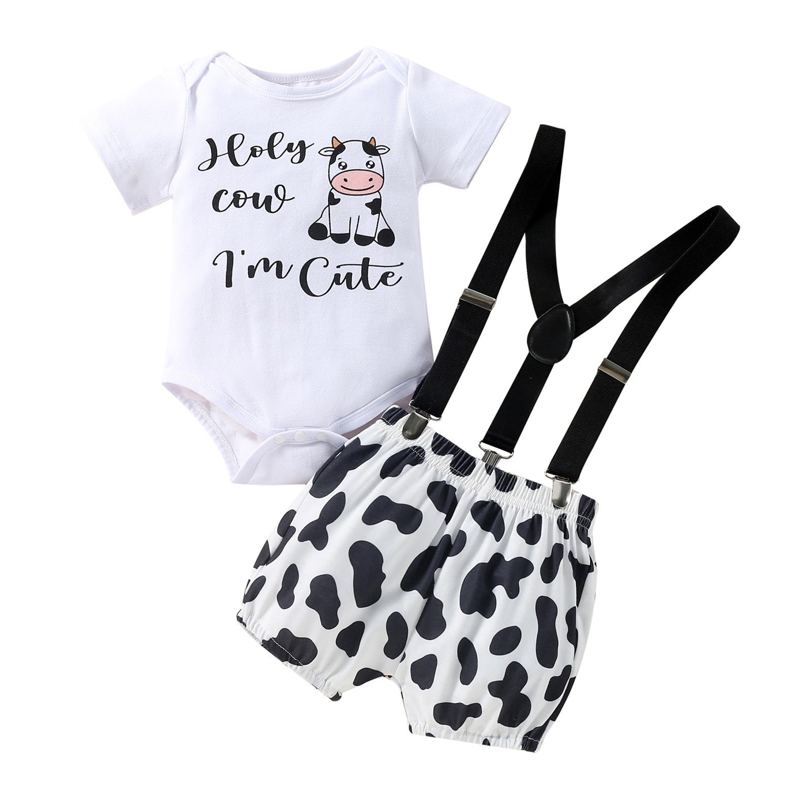 Adorable Baby Suit: Summer Short Sleeve Tops and Suspenders Shorts Sets with Cow Letter Prints - Perfect for Birthdays and Playtime