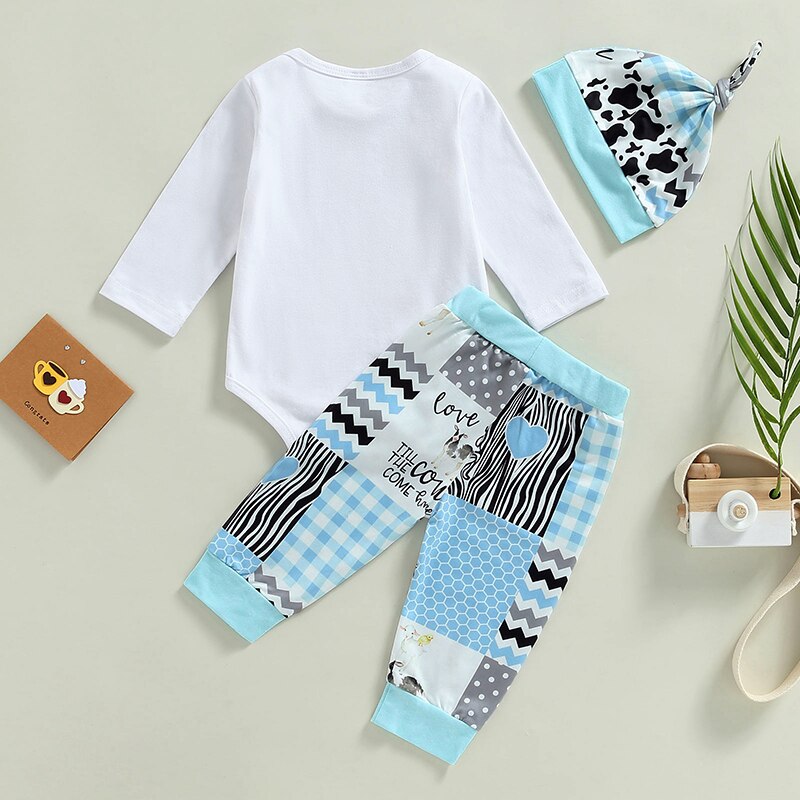 Adorable Baby Girls Clothes Set  - Long Sleeve Romper, Animal Pattern Pants, and Hat Costume Set