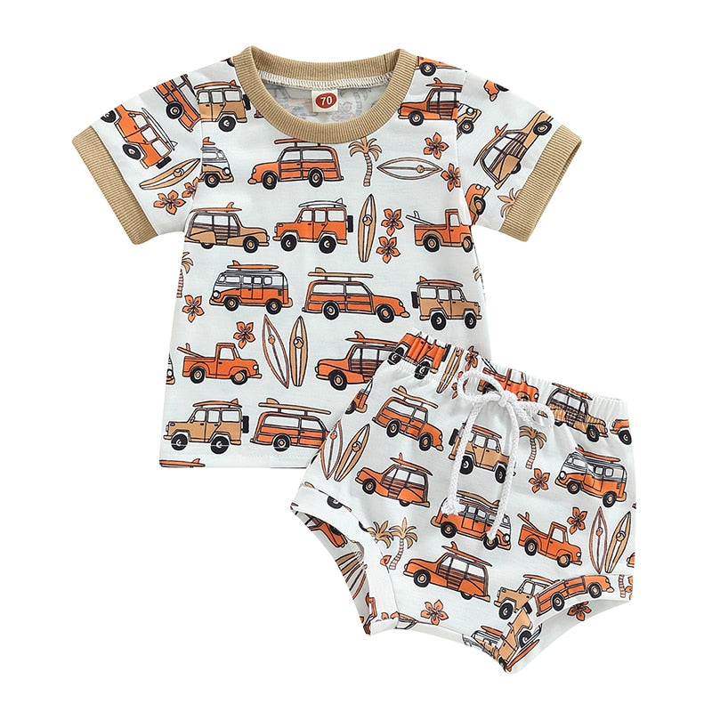 Summer Toddler Newborn Baby Boys Clothes Cartoon Car Print Short Sleeve T-shirts+High Waist Shorts Holiday Beach Outfits