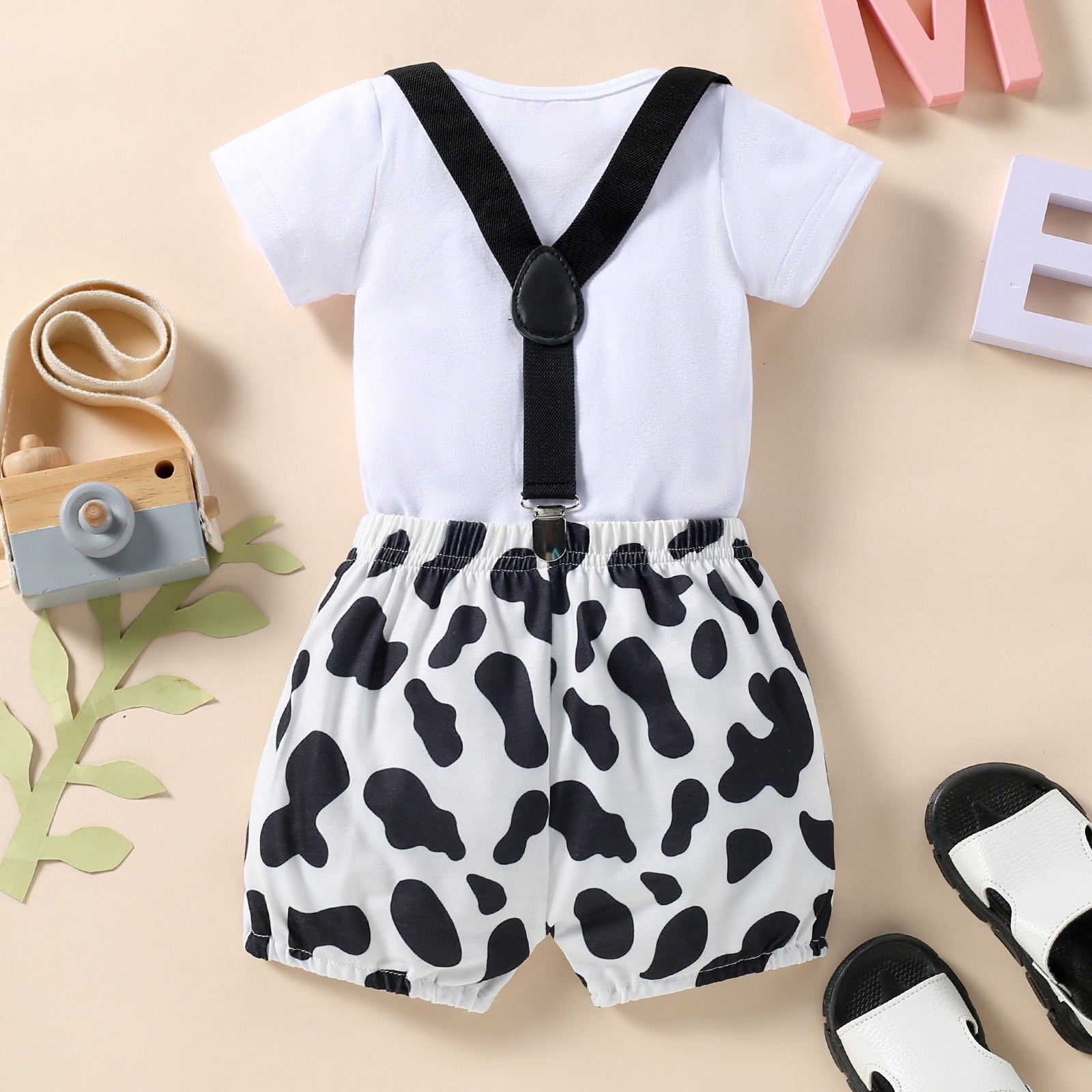 Adorable Baby Suit: Summer Short Sleeve Tops and Suspenders Shorts Sets with Cow Letter Prints - Perfect for Birthdays and Playtime