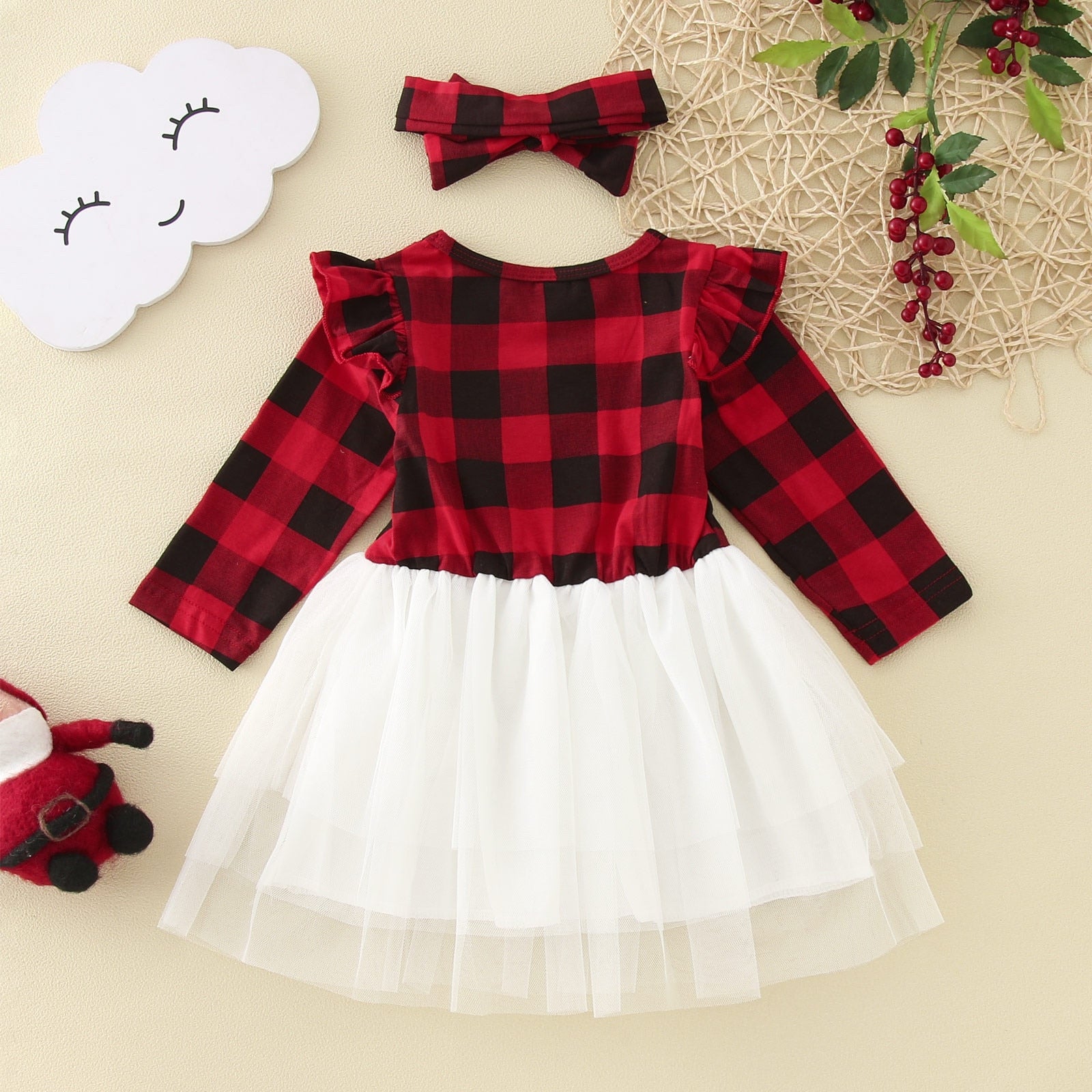 Kids Baby Girl Mesh Tutu Dress - Long Sleeve Red and Black Plaid Dress for Christmas Party and Spring/Fall