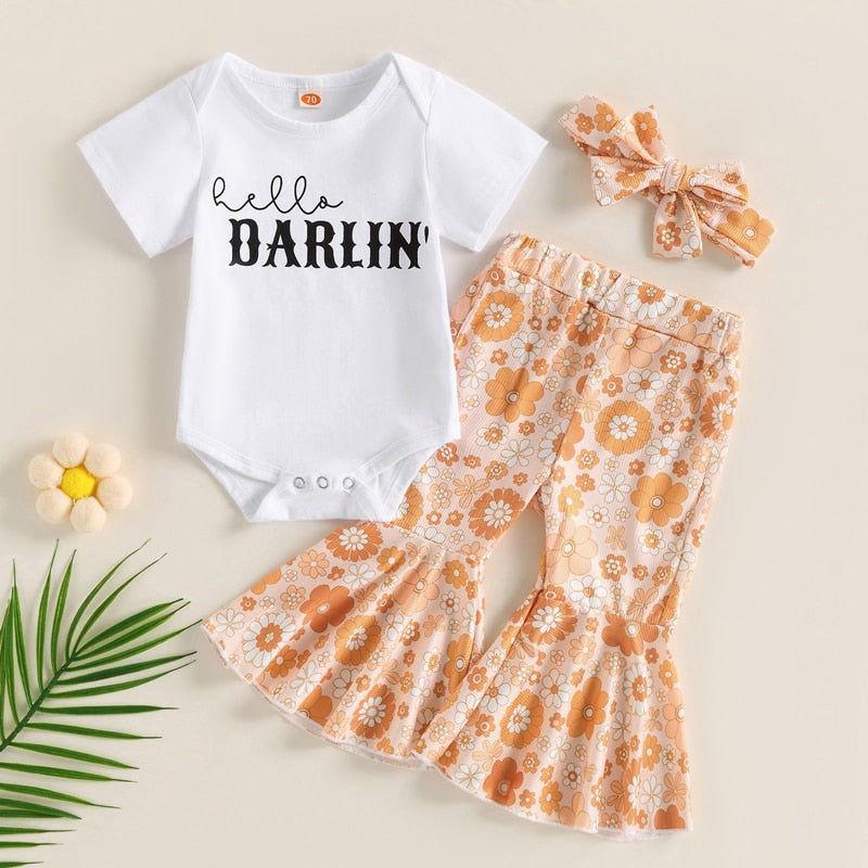 Summer Newborn Baby Girls Clothes Sets with Letter Print Rompers and Floral Flare Pants