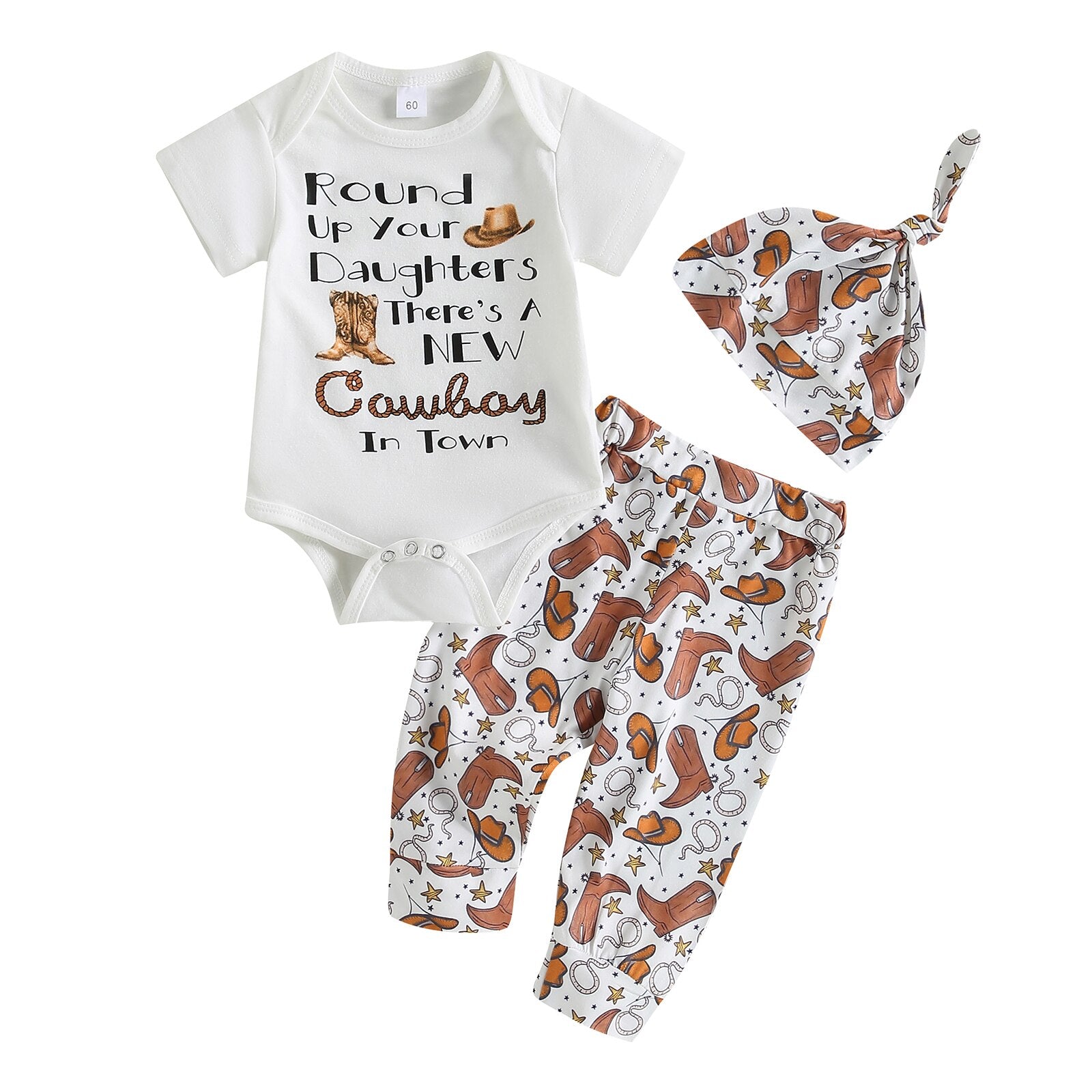 Adorable Newborn Infant Baby Boys Clothes Set with Letter Boots Print Romper, Pants, and Hat for Summer Outfits