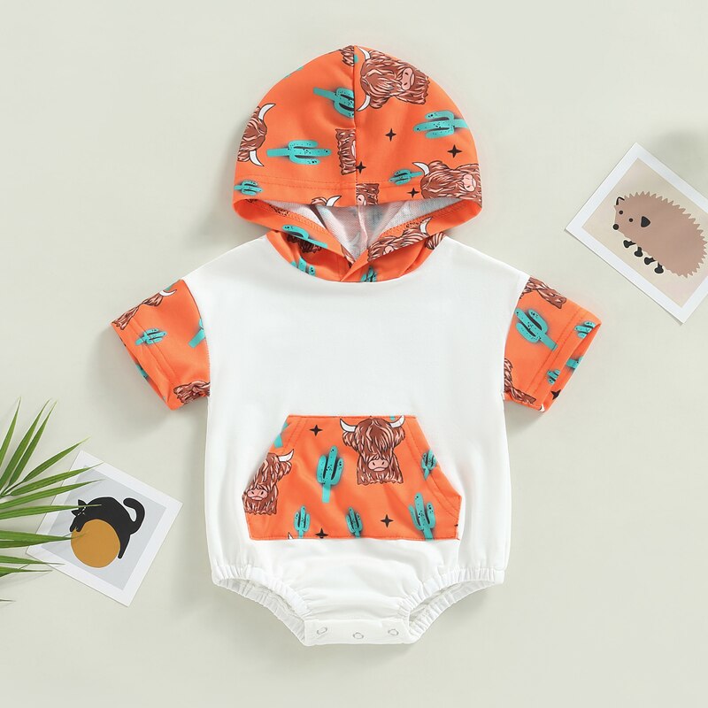 Fashionable Cattle and Cactus Print Newborn Baby Rompers for Boys and Girls