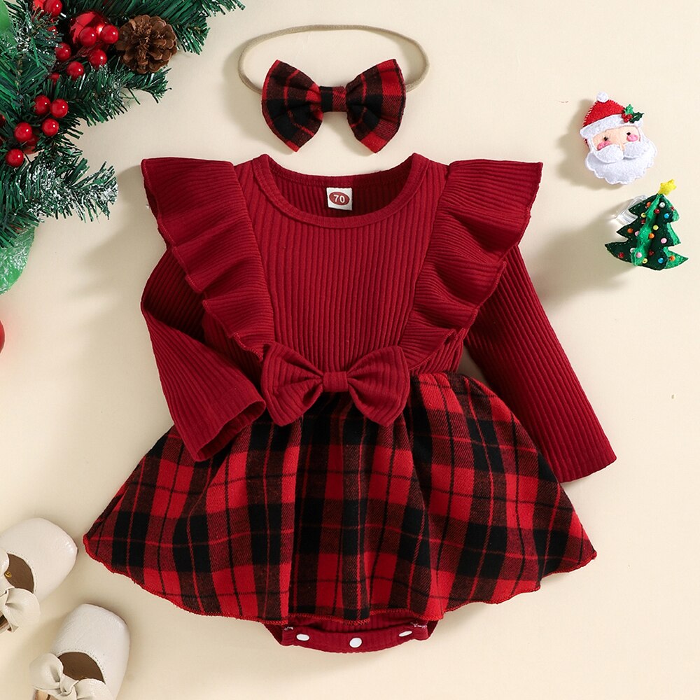 Adorable 3Pcs Baby Girl Spring Outfit - Long Sleeve Romper Dress + Headband Set