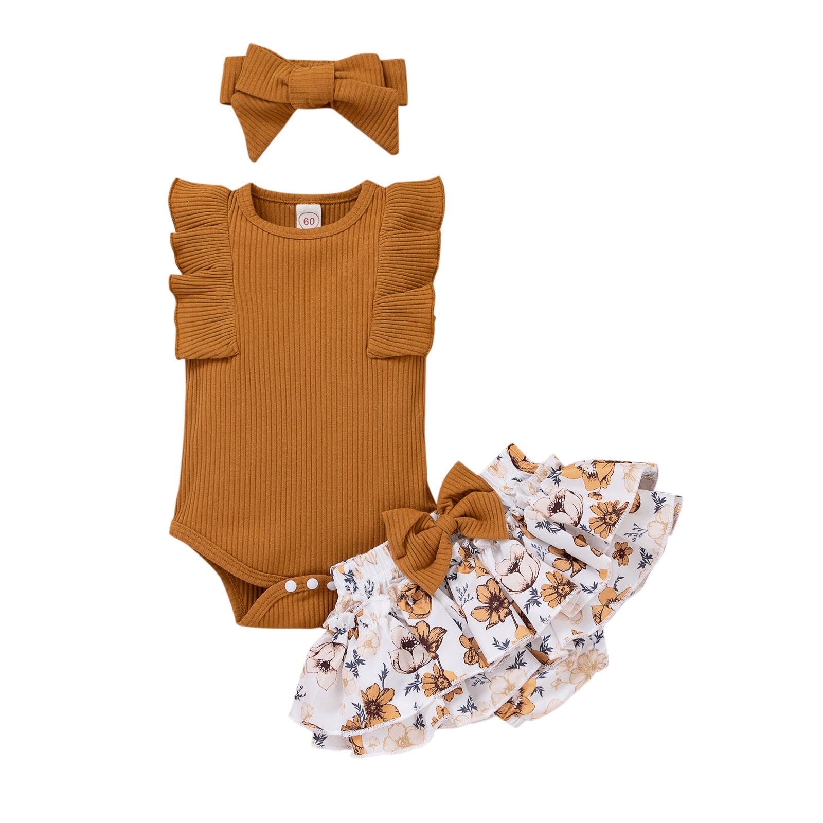 Newborn Girls 3-Piece Summer Outfit - Sleeveless Ribbed Romper, Floral Print Shorts, and Headband Set