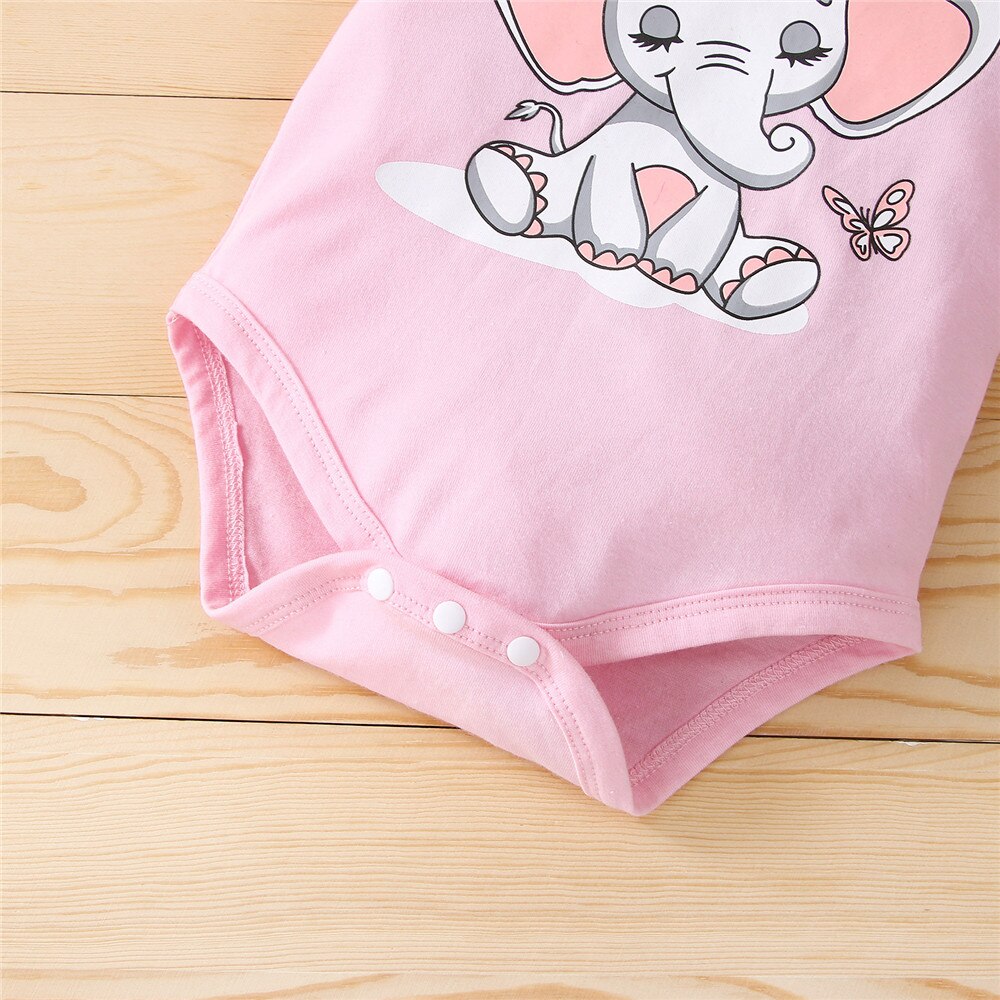 Cute Spring Girls Baby Clothes Set with Elephant Bodysuit and Striped Dress