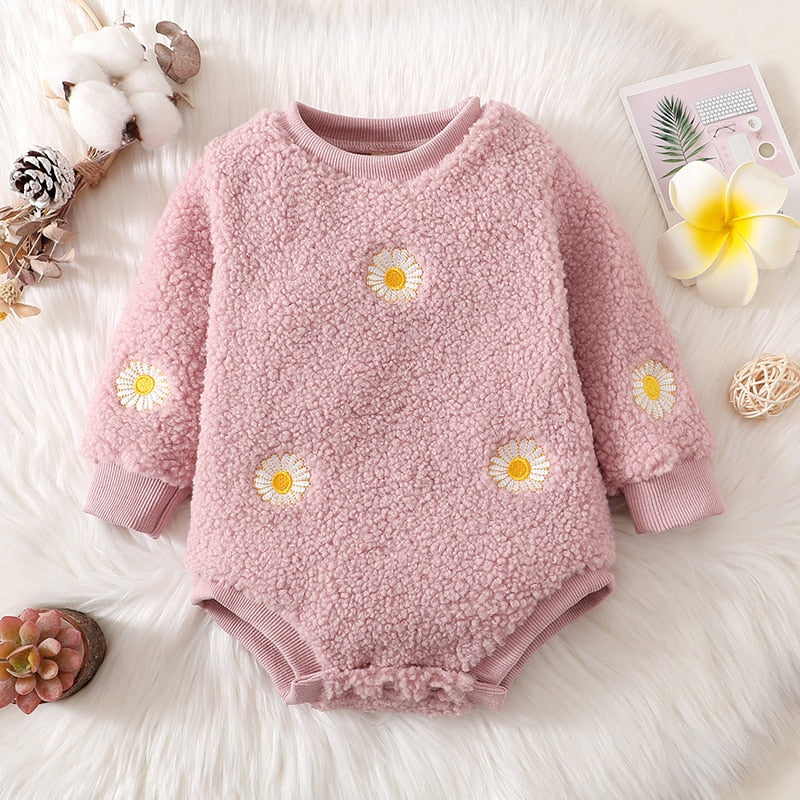 Flower Embroidery Warm Jumpsuits for Infant Girls