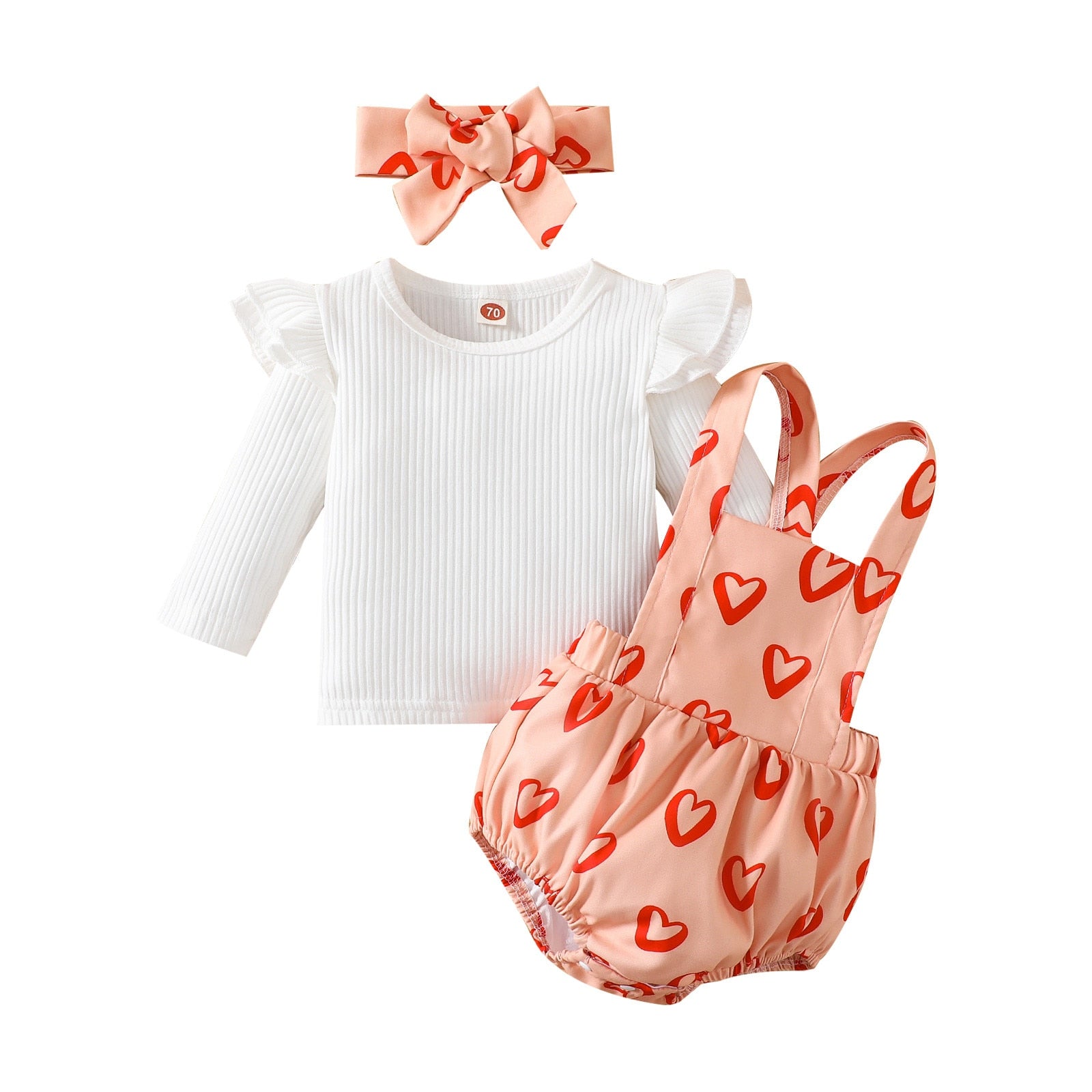 Valentine's Day Infant Baby Girls Clothes Sets - Ruffled Sleeve Tops, Love Print Shorts, Headband