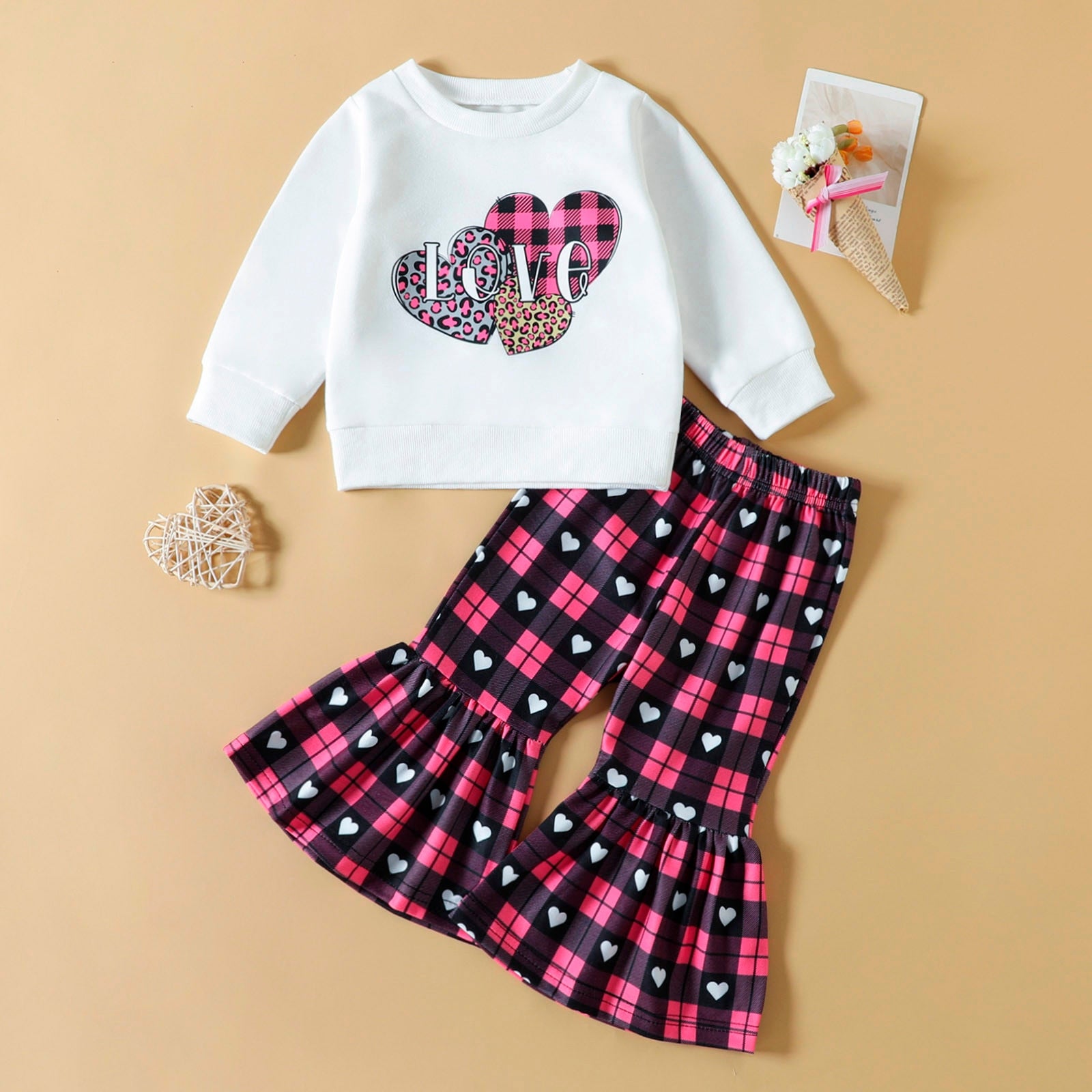 Toddler Baby Girls Costume Outfits: Long Sleeve Tops + Heart Printed Flare Pants Sets