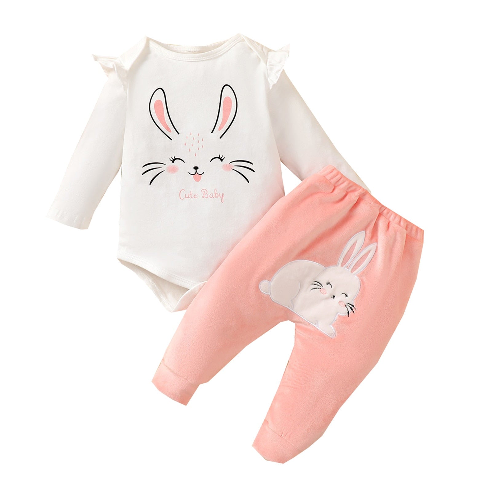 Adorable Baby Girls Rabbit Clothes for Easter - Smile Bunny Romper Tops + Pink Embroidery Pants Set