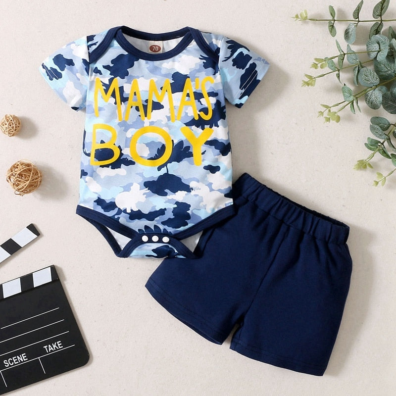 Newborn Baby Boy 2PCS Clothes Set Letter Print Blue Camouflage Short Sleeve Romper + Shorts