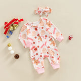 Baby Girls Christmas Romper 2pcs Long Sleeve Gingerbread Man/Santa Claus Print Zipped Jumpsuits Hairband