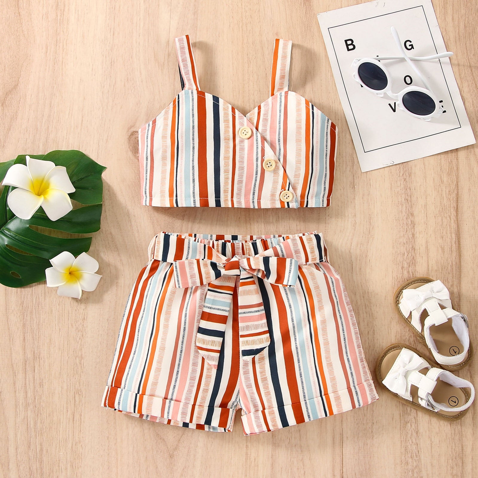 Fashionable Toddler Girls Striped Vest and Bowknot Shorts Set