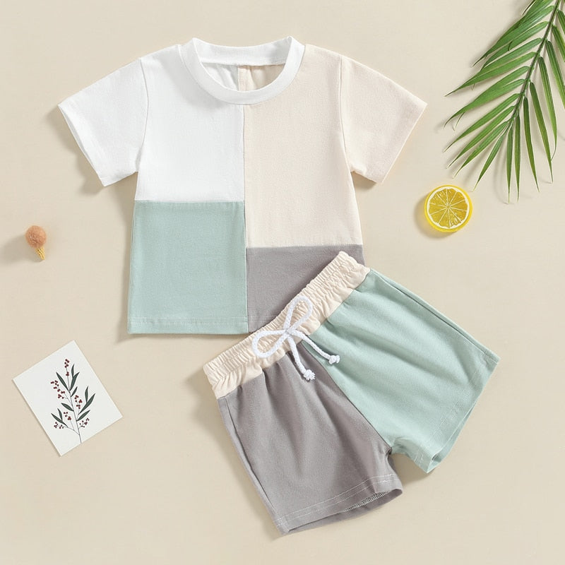 Summer Toddler Clothes: Patchwork Color Short Sleeve T-shirt and Elastic Waist Shorts Outfit for Boys