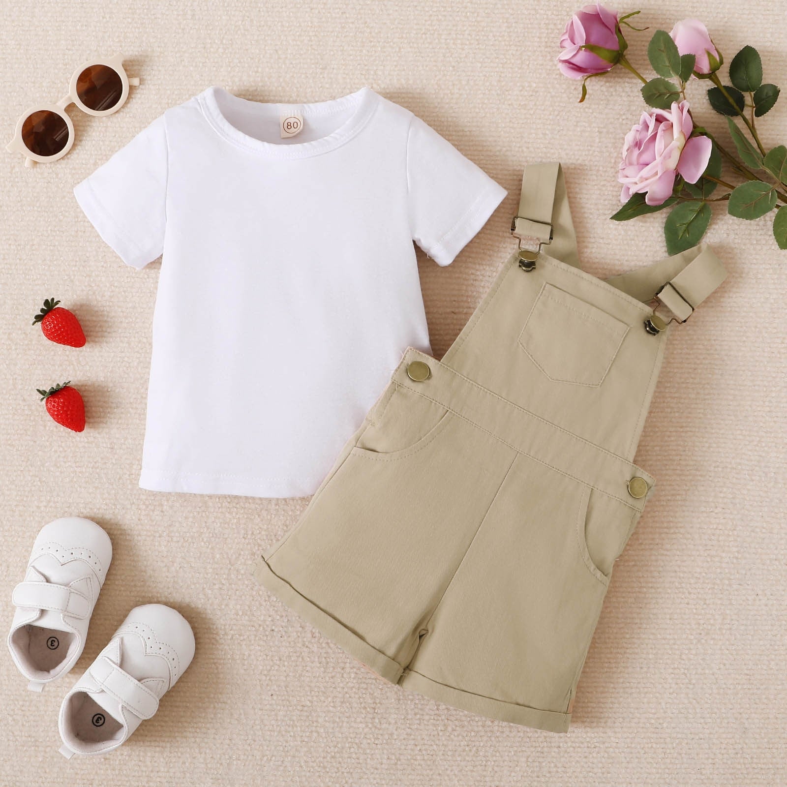 Summer Cute Kids Girls Clothes Sets 2pcs Short Sleeve T-Shirts + Striped Shorts with Pockets