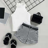 Baby Little Girl S Sleeveless Ribbed Outfit Set - Solid Color Stand-up Collar Belted Shorts - Babbez