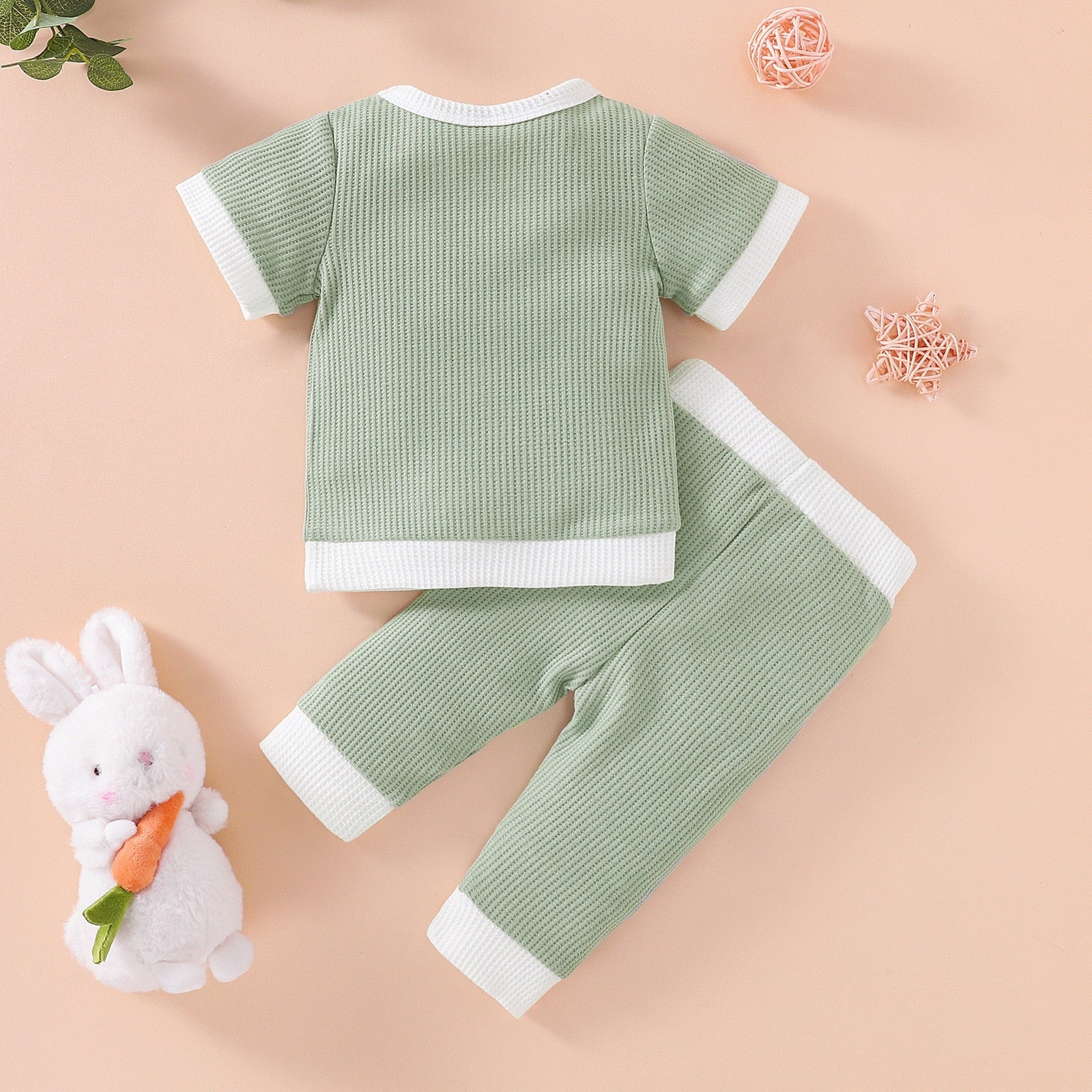 Adorable Easter Day Outfits for Baby Girls: 2pcs Short Sleeve T-Shirts and Long Pants Sets with Cute Rabbit Prints