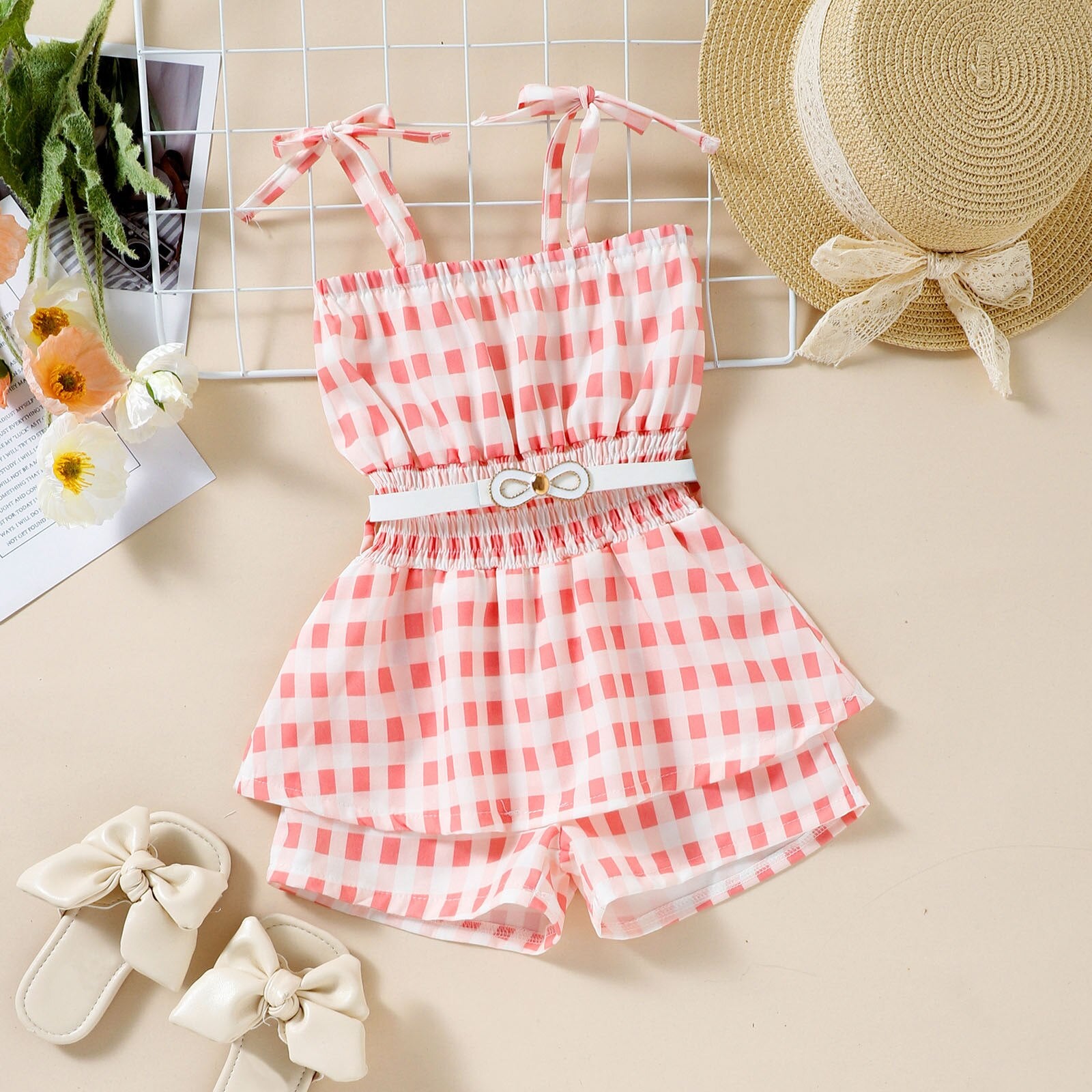 Trendy Toddler Girls Romper with Plaid Print and Suspender Design for Summer