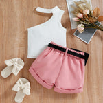 Baby Stylish 0-4Y Little Girl Three-piece Outfits Sets with One Shoulder Tops and Belts - Babbez